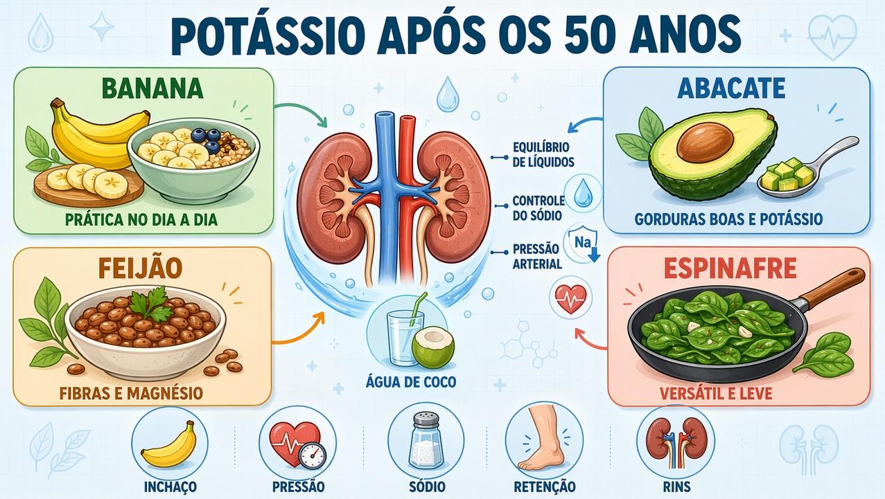 Banana, abacate, feijão e espinafre apoiam líquidos, sódio e pressão arterial.