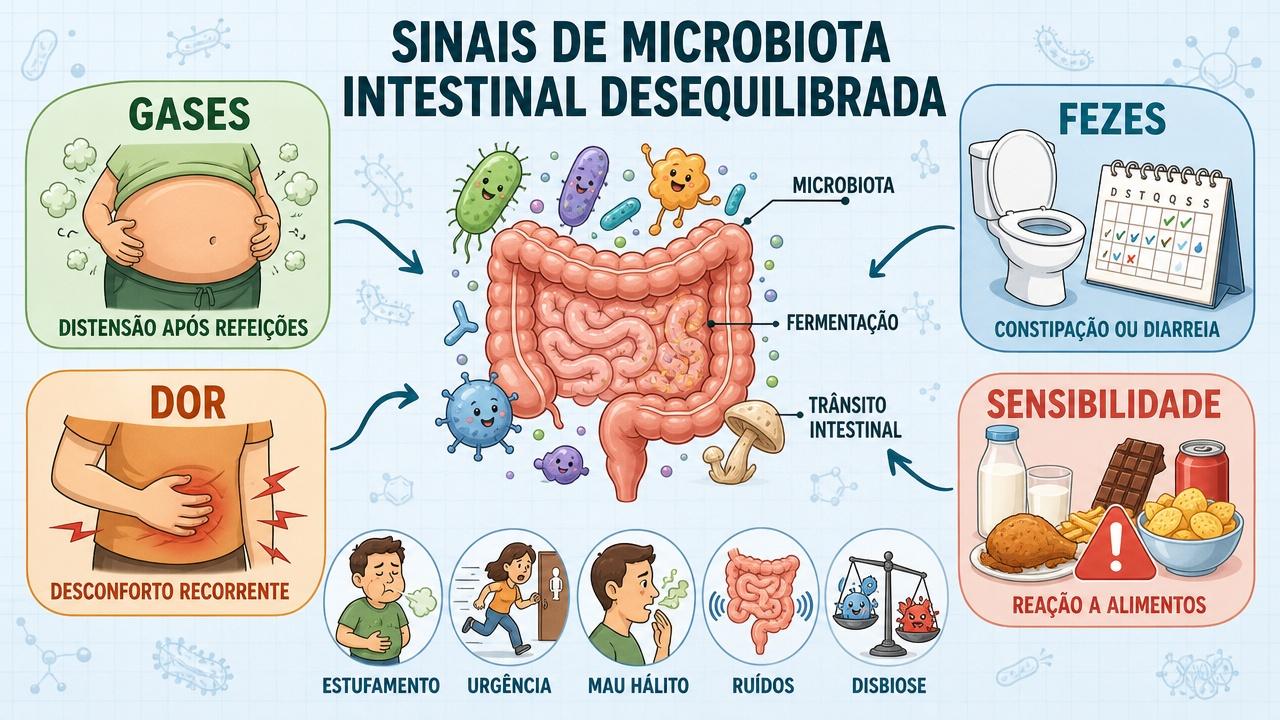 Infográfico resume sinais comuns de disbiose e alterações no funcionamento intestinal.