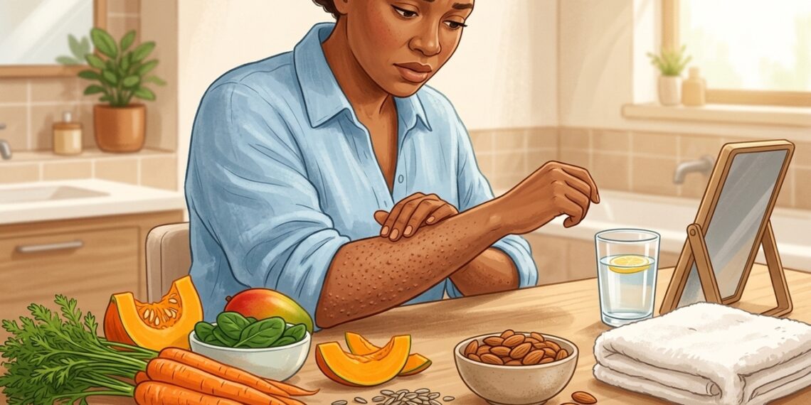 Qual deficiência de vitamina está associada à pele muito seca e áspera