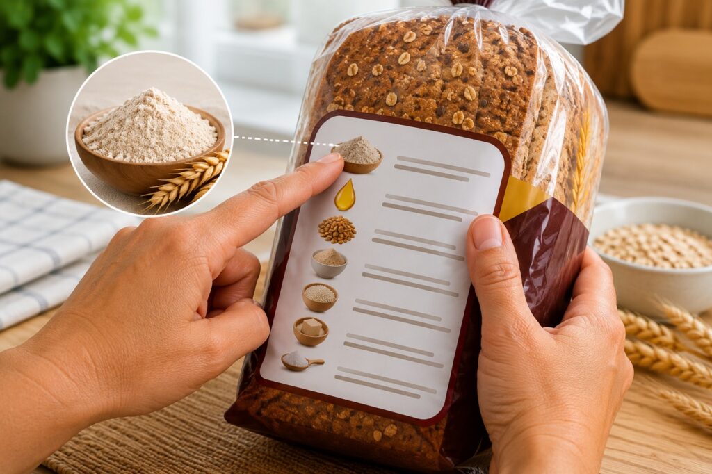 Verificar a posição da farinha integral no rótulo ajuda a identificar produtos com mais grãos integrais.