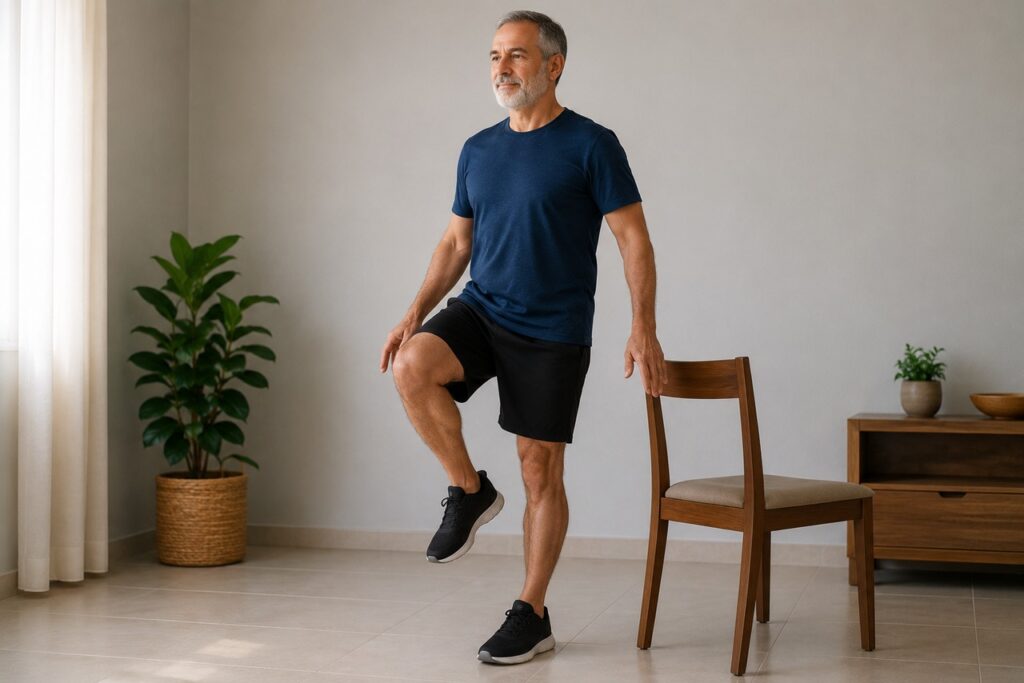 Exercícios simples de equilíbrio podem reduzir o risco de quedas e melhorar a estabilidade.