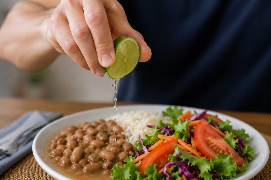A vitamina C na mesma refeição pode melhorar a absorção do ferro presente nos vegetais.