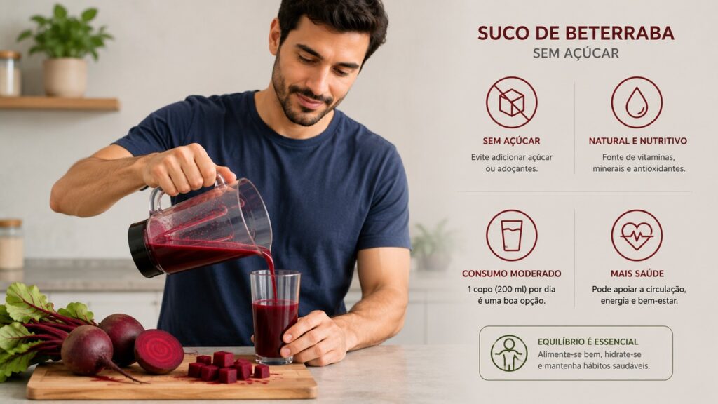 O suco de beterraba pode ser incluído com moderação, sem açúcar e como parte de uma alimentação equilibrada.