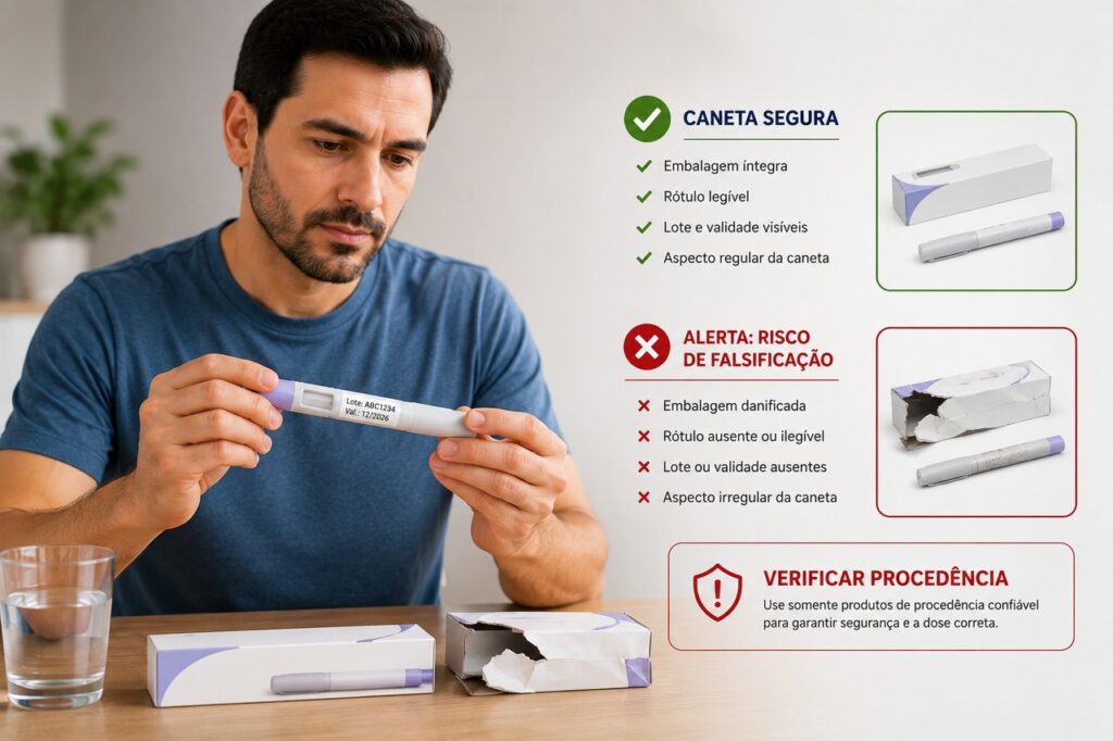 Rótulo estranho, embalagem danificada e falta de receita são sinais de risco na compra de semaglutida.