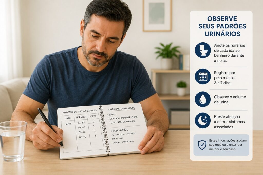 Anotar horários, líquidos e sintomas ajuda a entender quando urinar à noite merece avaliação.