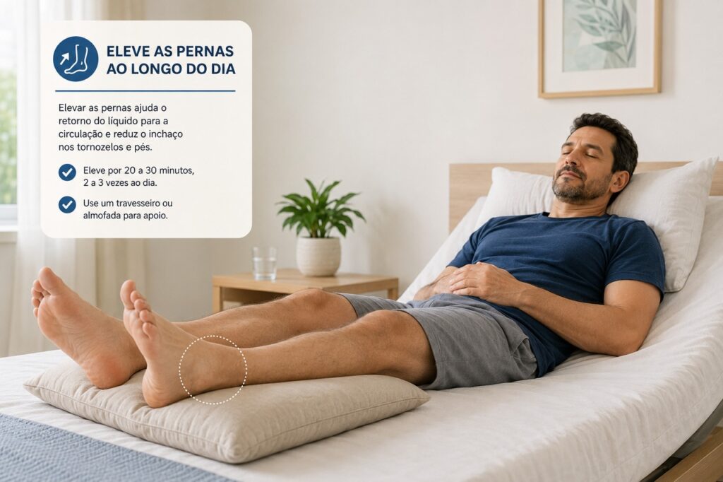 Elevar as pernas no fim do dia pode ajudar a aliviar o inchaço e observar melhor a relação com a urina noturna.