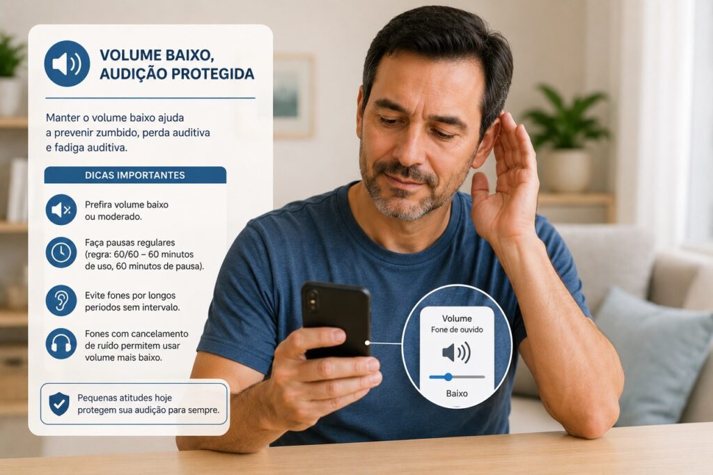 Controlar o volume dos fones é uma medida simples para reduzir o risco de zumbido e desconforto auditivo.