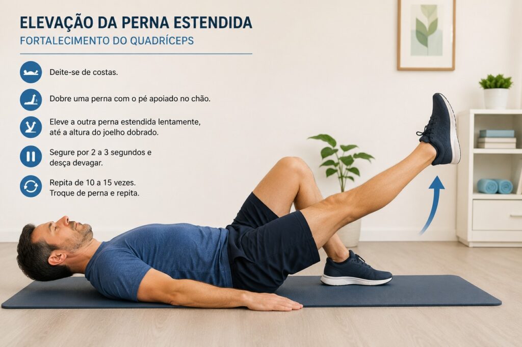 A elevação da perna estendida fortalece o quadríceps com movimento controlado e sem sobrecarregar o joelho.