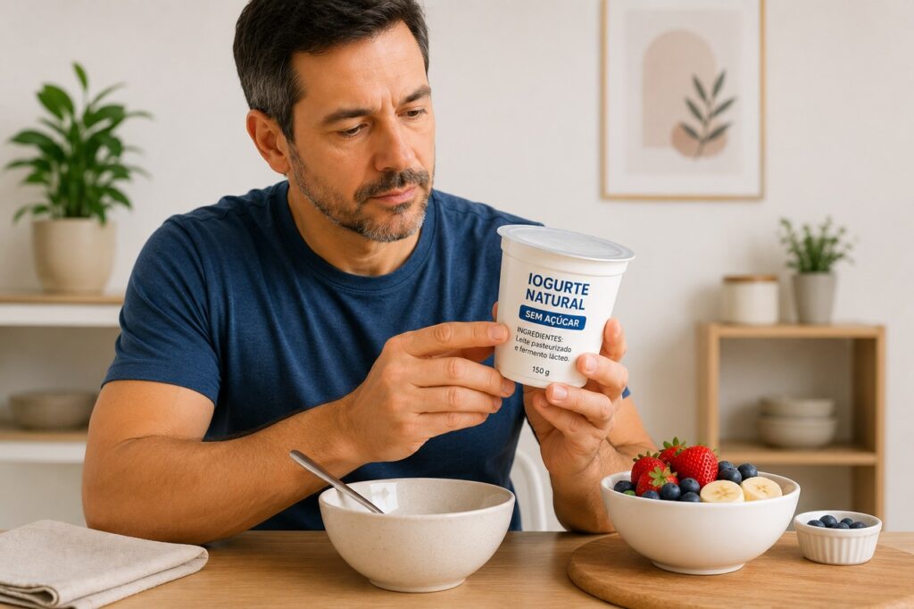 Escolher iogurte natural sem excesso de açúcar ajuda a preservar o valor do alimento na rotina intestinal.