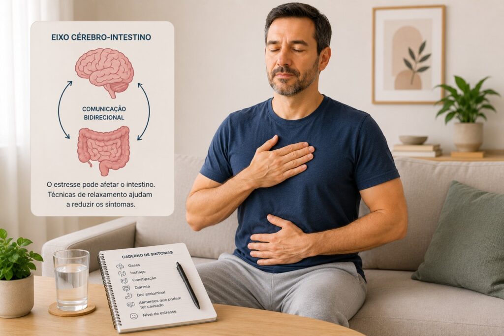 Estresse, sono e sintomas intestinais podem se conectar pelo eixo cérebro-intestino.