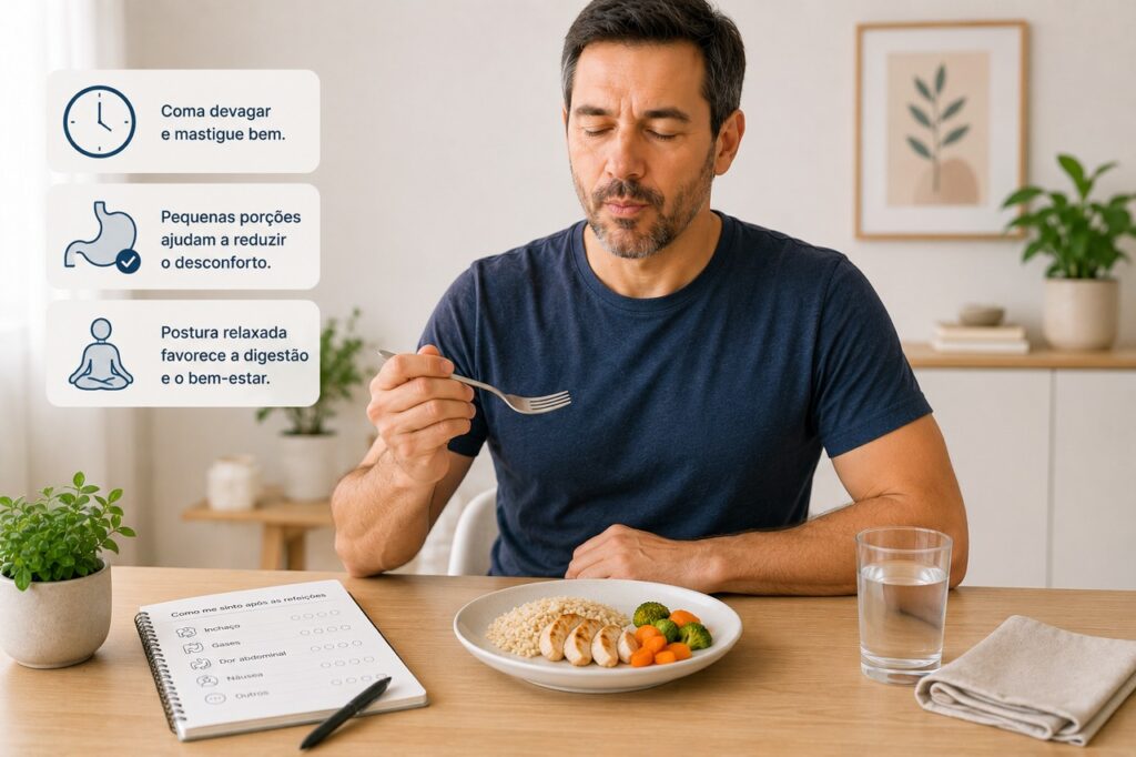 Porções menores e alimentação mais calma podem ajudar a reduzir desconfortos ligados à dispepsia funcional.