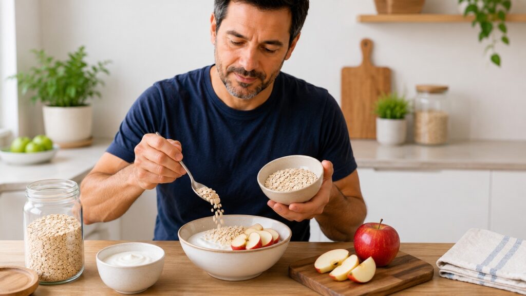 Combinar aveia com frutas e alimentos simples ajuda a aumentar fibras sem excesso de açúcar.