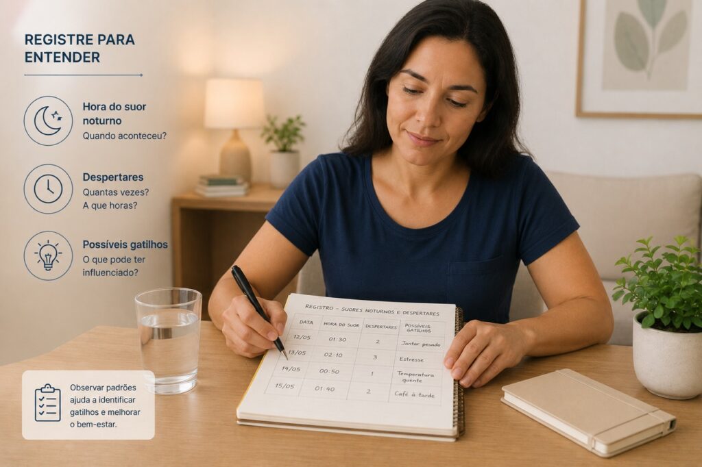 Anotar despertares, suor e possíveis gatilhos ajuda a orientar o cuidado na menopausa.