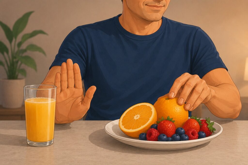Preferir a fruta inteira ajuda a aproveitar fibras e reduzir o impacto no açúcar no sangue.