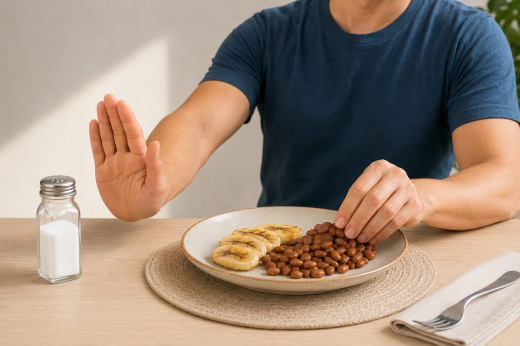 Equilibrar menos sal com mais fontes naturais de potássio pode favorecer a pressão arterial.
