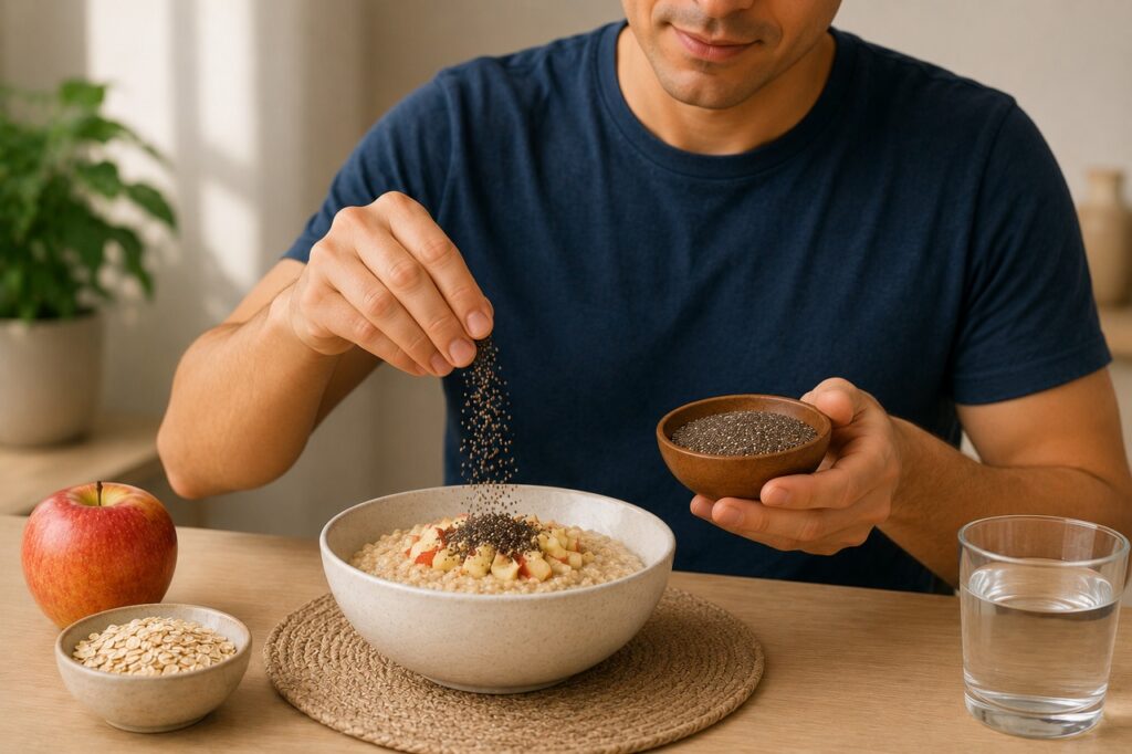 Aveia, chia e frutas inteiras são formas práticas de aumentar a fibra solúvel na rotina.