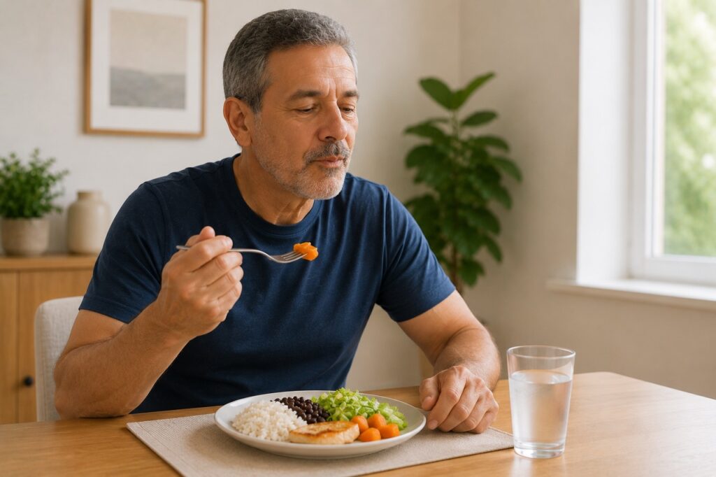 Comer devagar pode ajudar a reduzir o ar engolido e o desconforto abdominal.