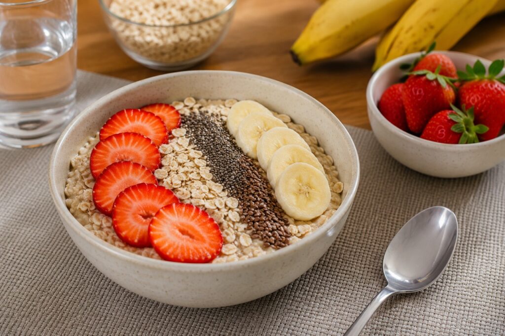 Combinar aveia com frutas e sementes ajuda a aumentar a ingestão de fibras de forma prática e equilibrada.
