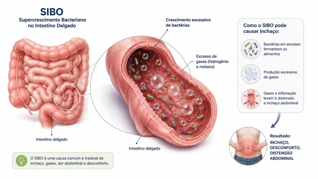 Na SIBO, o excesso de bactérias no intestino delgado pode favorecer gases, dor e distensão abdominal.
