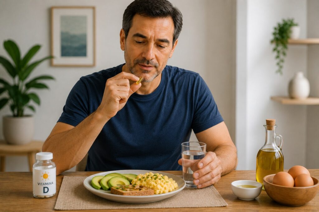 Tomar vitamina D junto de uma refeição com gordura pode favorecer melhor absorção.
