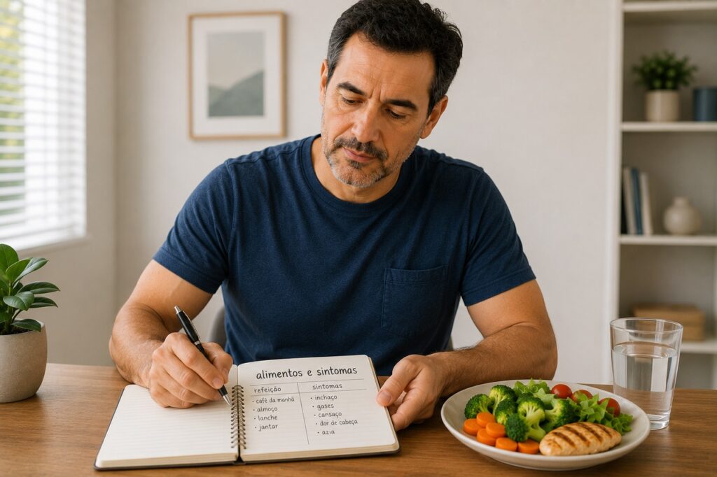 Registrar alimentos e sintomas ajuda a identificar intolerâncias e padrões digestivos.
