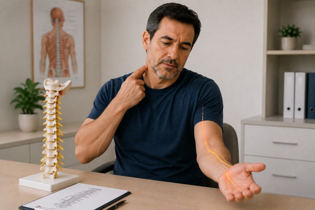 Formigamento e dor irradiada ajudam a diferenciar causas do ombro e da coluna cervical.