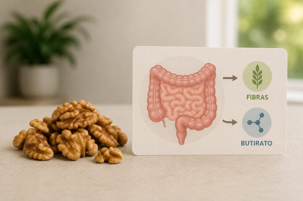 Fibras e compostos das nozes podem ser metabolizados por bactérias ligadas à saúde intestinal.
