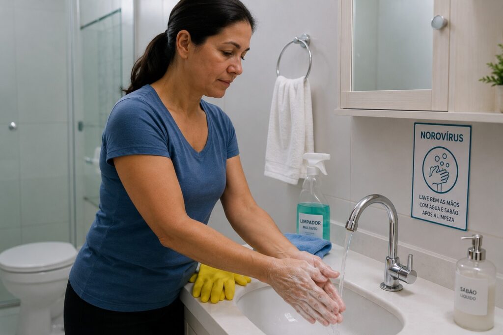 Lavar as mãos com água e sabão é uma medida essencial para reduzir a transmissão do norovírus.