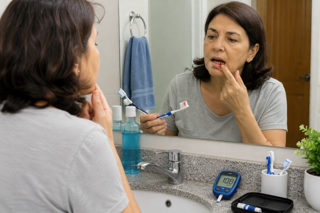 Sangramentos frequentes na gengiva podem revelar inflamação e merecem atenção ao controle da glicose.
