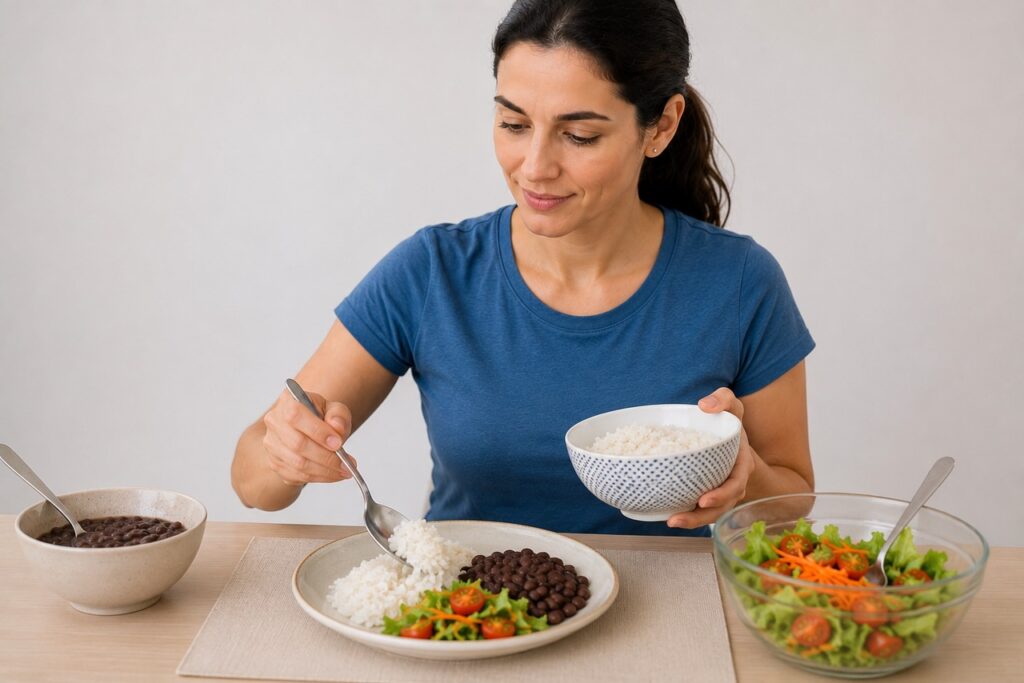 Combinar arroz reaquecido com fibras e proteína ajuda a deixar a refeição mais equilibrada.