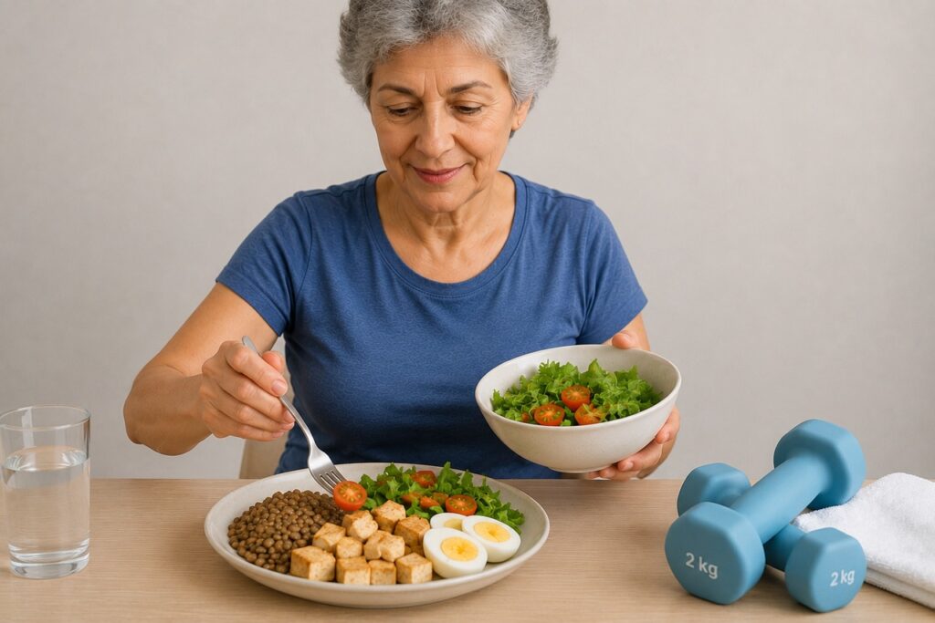 Variar fontes de proteína e manter exercícios de força favorece o cuidado muscular.