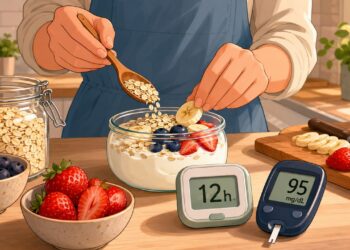 Café da manhã equilibrado após 12 horas de jejum para favorecer uma glicose mais estável.