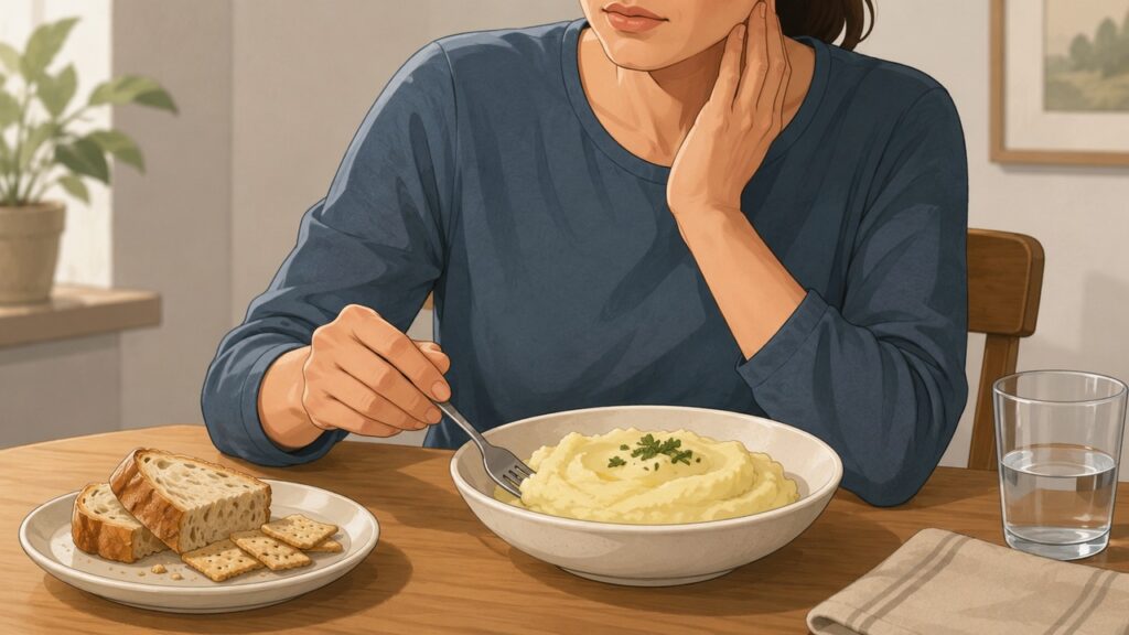 Preferir alimentos macios ajuda a reduzir a sobrecarga na mandíbula dolorida.