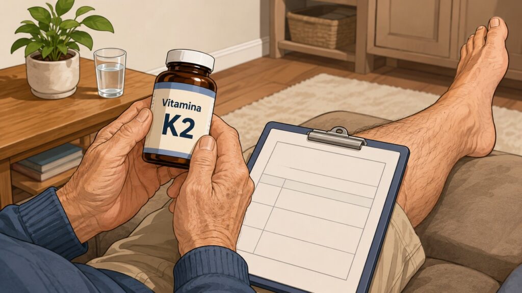 O frasco fechado reforça a importância de avaliar a vitamina K2 antes do uso.