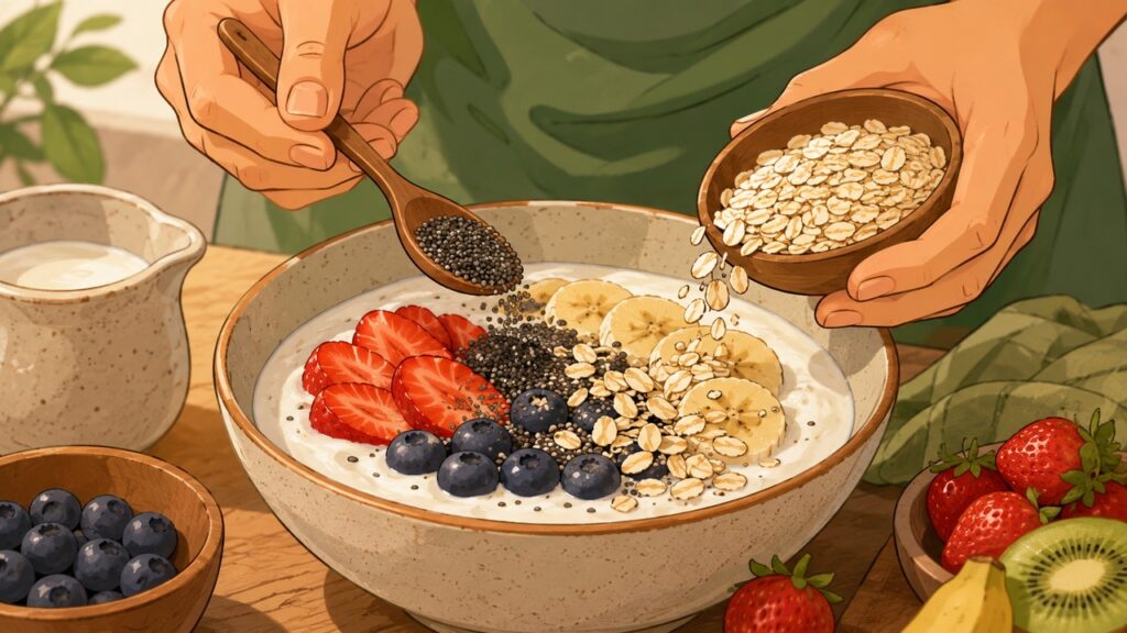 Combinar kefir com fibras vegetais ajuda a oferecer mais substrato para as bactérias intestinais.