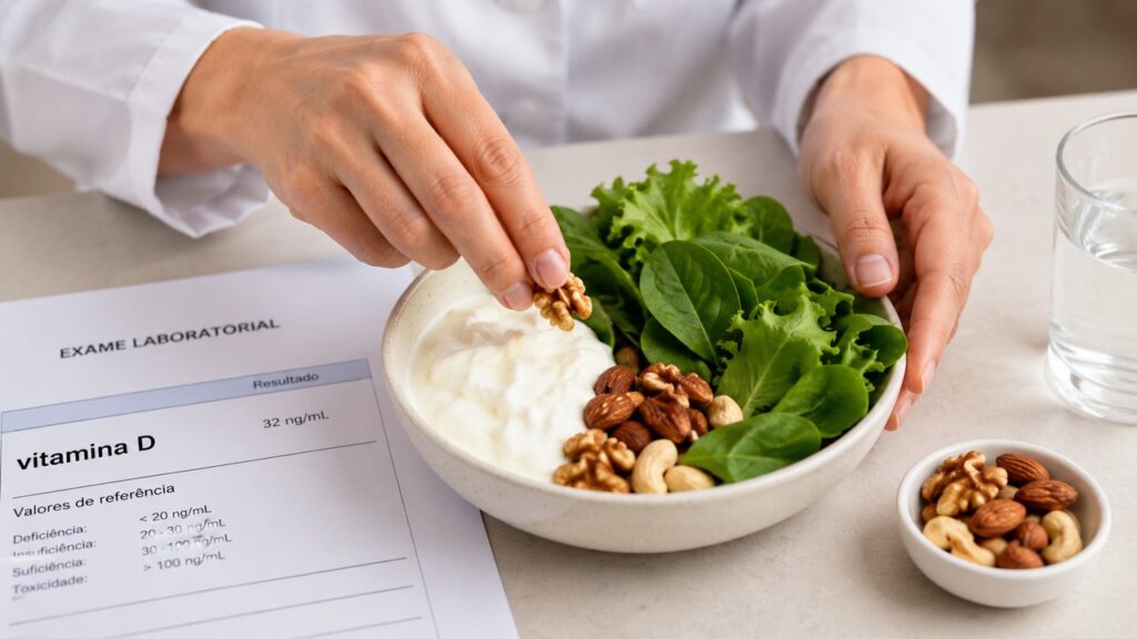 Vitamina D e magnésio ajudam a compor uma rotina alimentar voltada à saúde óssea.