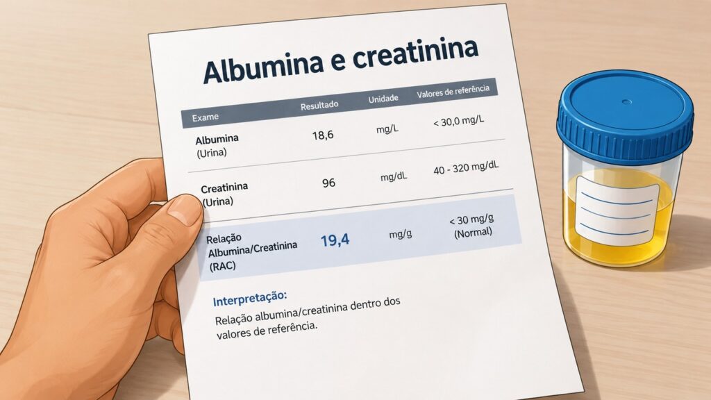 O exame de albumina e creatinina ajuda a avaliar sinais iniciais de alteração renal.