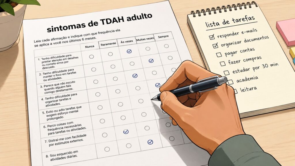 A avaliação considera sintomas, histórico e impacto real na rotina adulta.