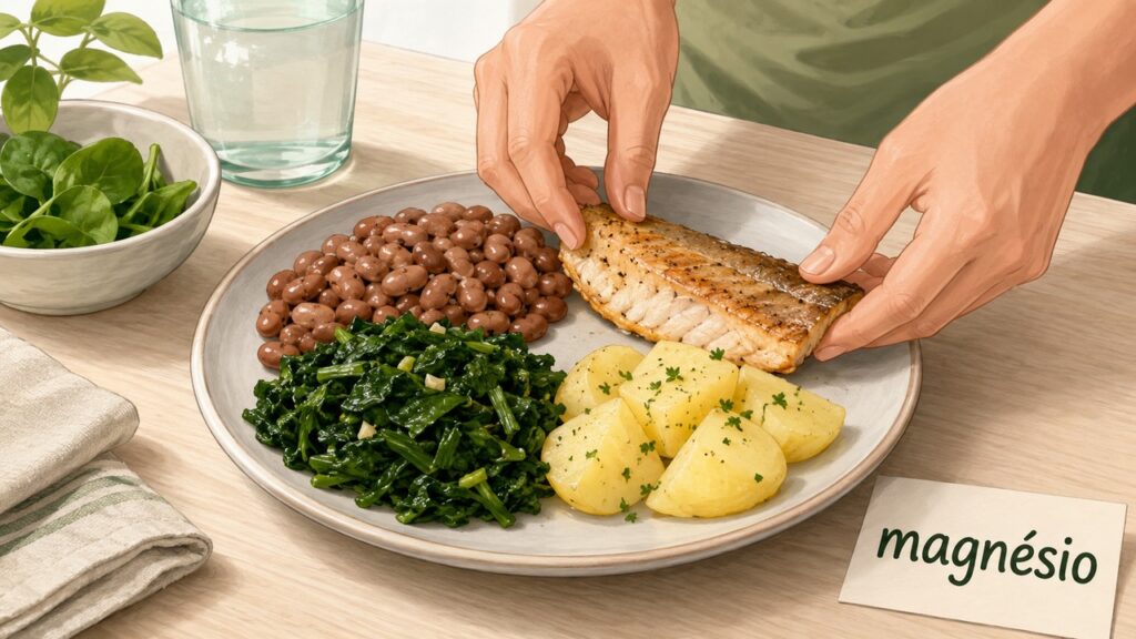 Nutrientes como magnésio, vitamina D, ômega-3 e ferro também entram no cuidado com força e recuperação muscular.