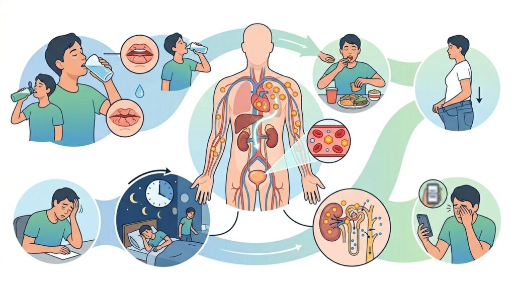 Sentir muita sede e ir ao banheiro à noite com frequência pode ser um dos primeiros sinais de diabetes