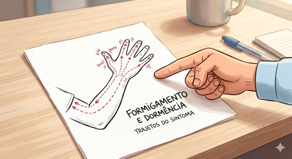 O trajeto do formigamento ajuda a orientar a suspeita de compressão cervical.