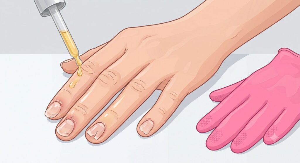 Proteger as unhas de produtos irritantes ajuda a reduzir quebras e descamação.