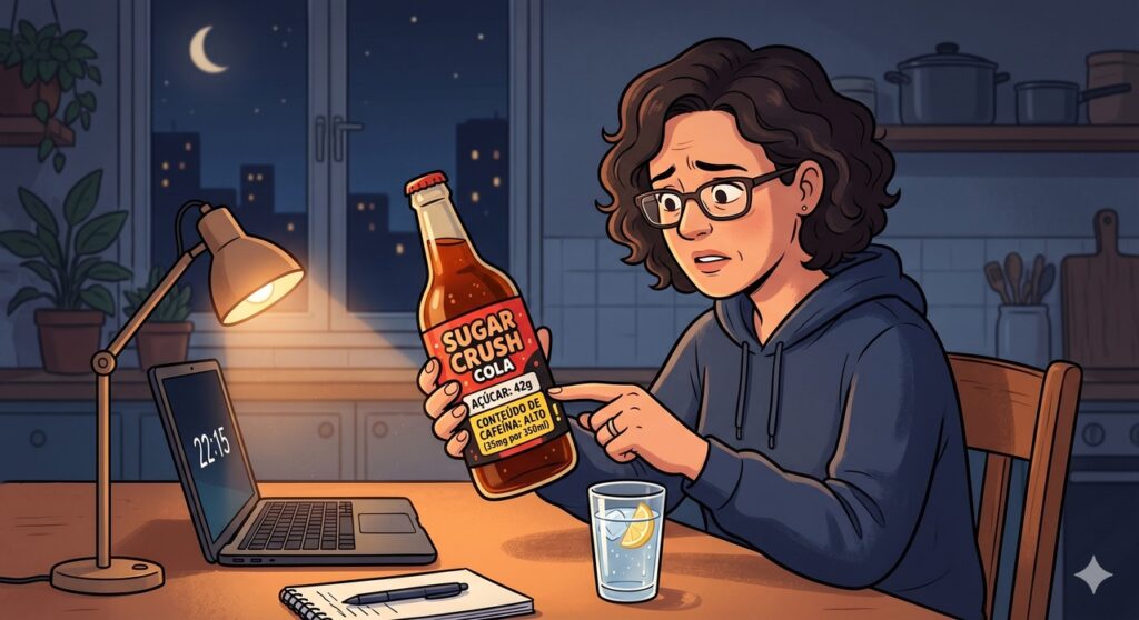 Observar cafeína e açúcar escondidos em produtos noturnos ajuda a evitar despertares e agitação.