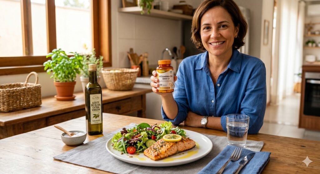 A combinação com alimentos que contêm gordura pode ajudar no aproveitamento da vitamina D.