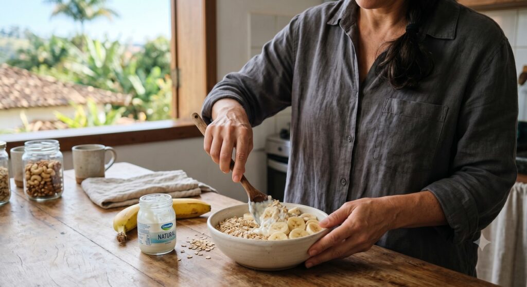 Combinar aveia com frutas e proteína deixa o café da manhã mais completo.