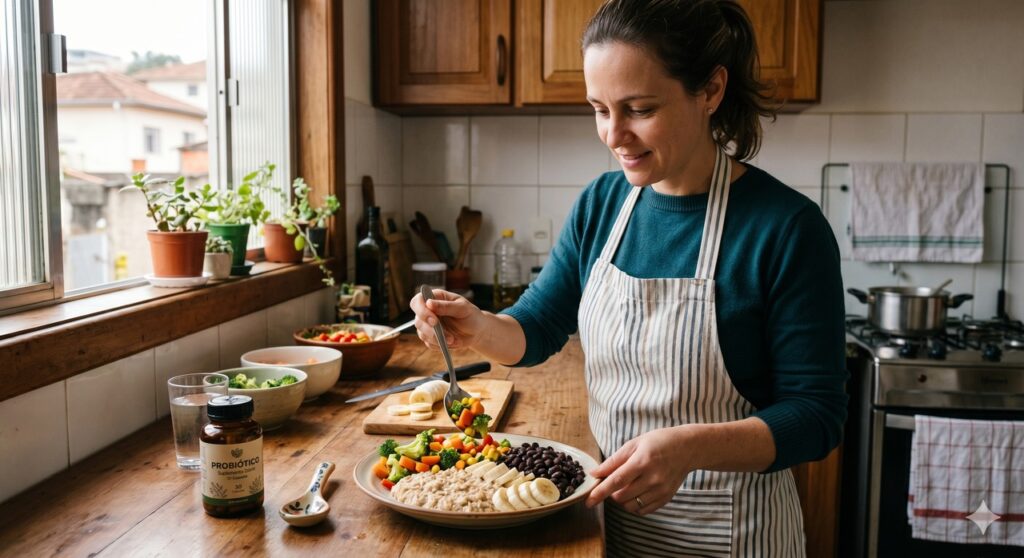 Prebióticos, probióticos e alimentação variada podem apoiar o equilíbrio do intestino.