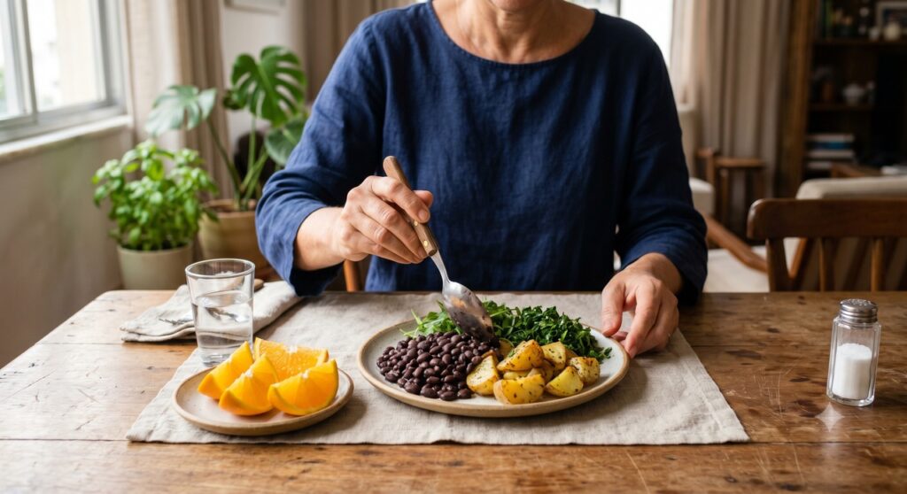 Mais alimentos frescos e menos ultraprocessados ajudam a equilibrar sódio e potássio na rotina.