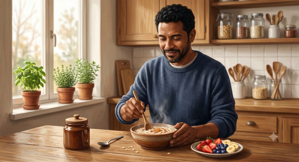 Combinar aveia com frutas e pouco açúcar torna o café da manhã mais rico em fibras.