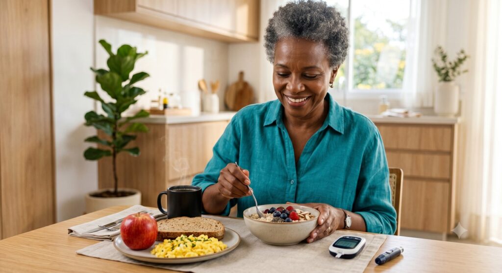 Combinar proteína, fibras e menos açúcar ajuda a suavizar a resposta glicêmica pela manhã.
