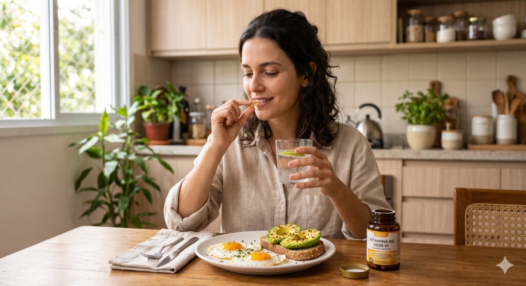 Tomar vitamina D com uma refeição adequada pode favorecer melhor absorção pelo organismo.